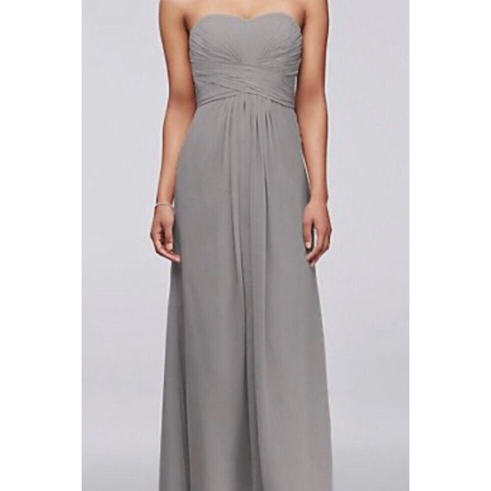 David's Bridal Long Strapless Chiffon Dress Pleated Bodice Gray‎ Mercury Size 4